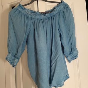 Denim off the shoulder 3/4 length shirt